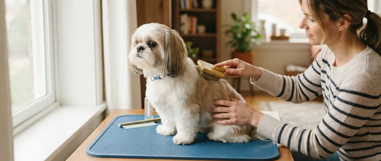 Shih Tzu receiving gentle coat care