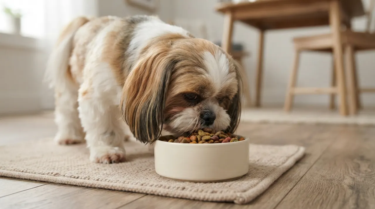 I have this page and need a main image for it. Create an image of a shih tzu eating dog food out of a bowl. Don't include any words on the bowl.

Use the site's established visual style cons