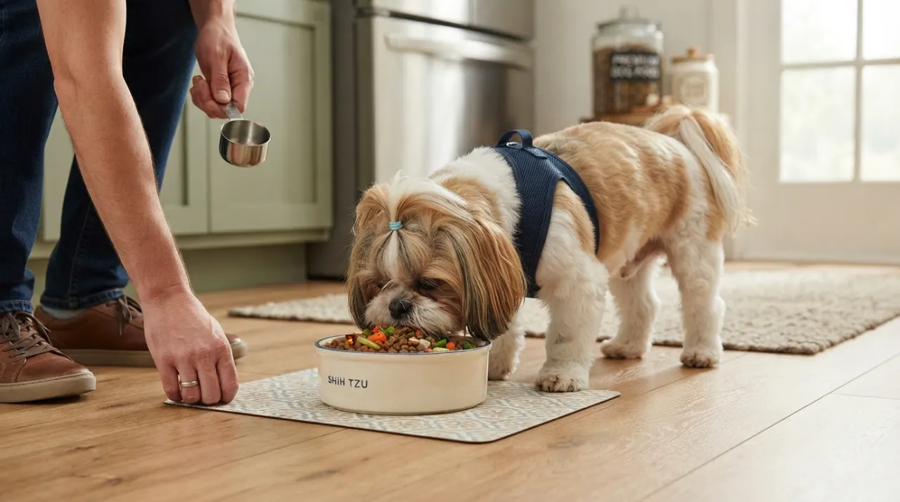 Shih Tzu beside a measured meal and water bowl